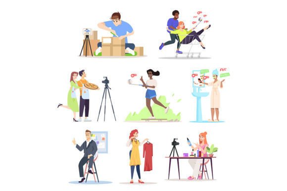 Bloggers Flat Vector Illustrations Set Review for Branding and Marketing